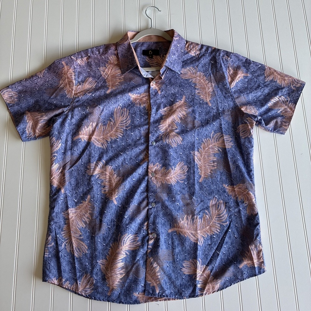 Leo Danieli Shirt Mens XL Blue Tropical Gold Palm Leaf Island Modal Microfiber